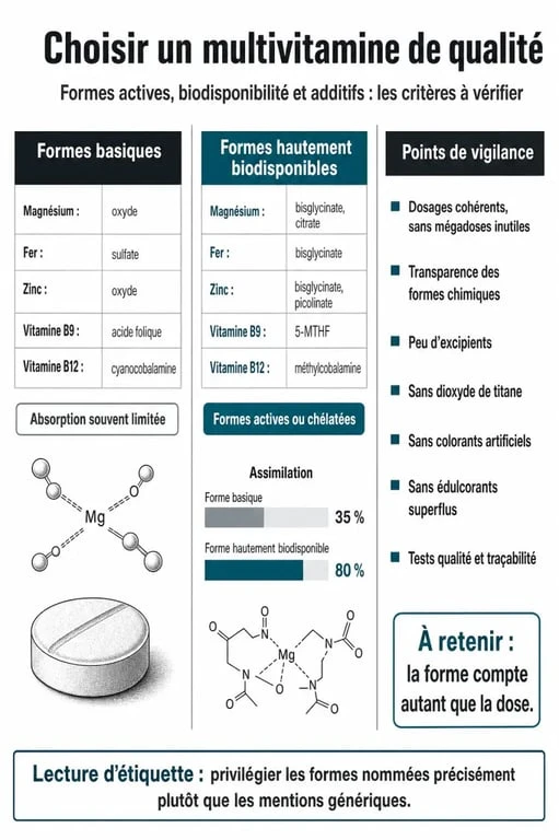 Infographie des critères de choix pour les meilleurs compléments multivitamines et minéraux