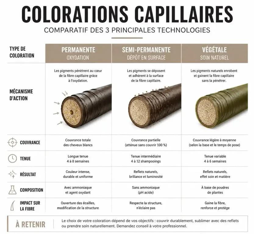 Infographie comparative des types de coloration cheveux : permanente, semi-permanente et végétale pour choisir la meilleure coloration cheveux.