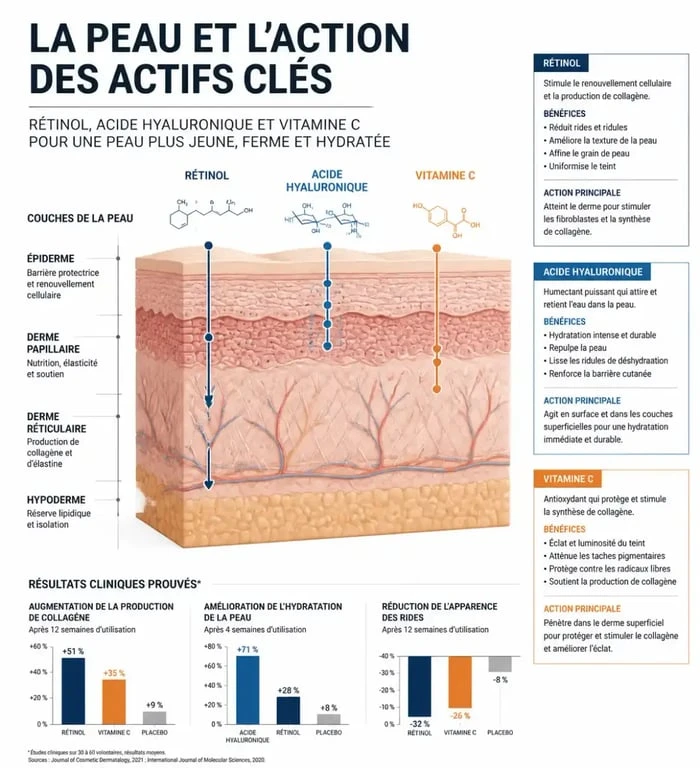 Infographie scientifique sur les actifs anti-rides recommandés par les dermatologues pour la meilleure crème anti-rides