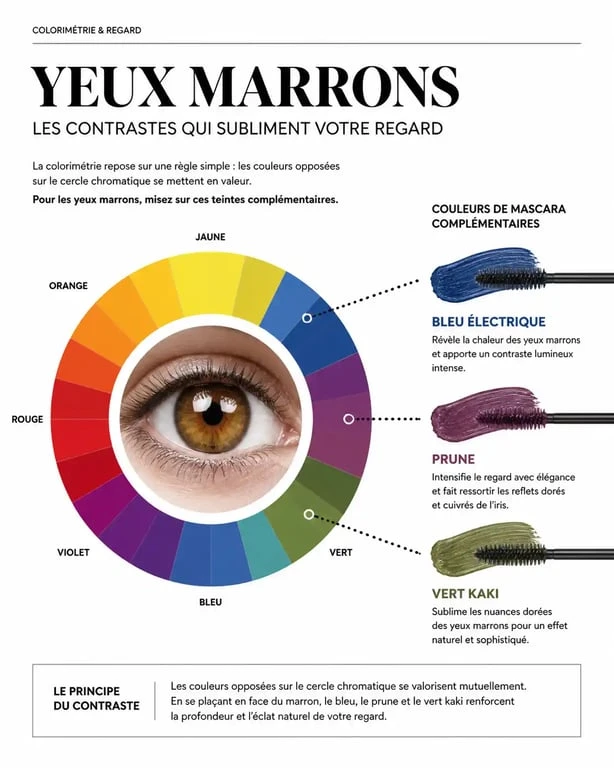 Infographie sur le choix de la couleur de mascara pour mettre en valeur les yeux marrons selon la colorimétrie