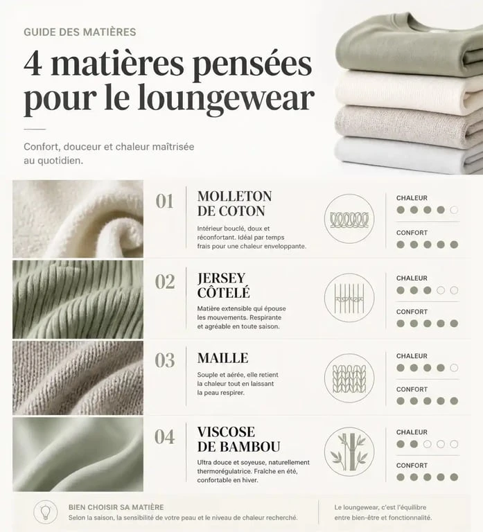 Infographie des matières idéales pour une tenue chill femme : molleton, jersey, maille et bambou.