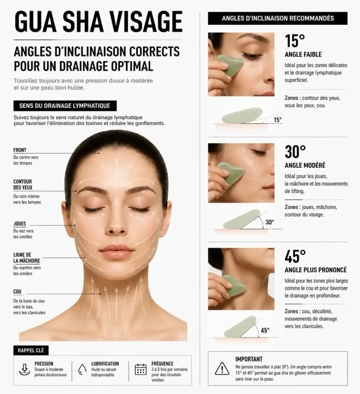 Infographie montrant l'utilisation correcte du gua sha sur le visage avec les angles et directions de massage