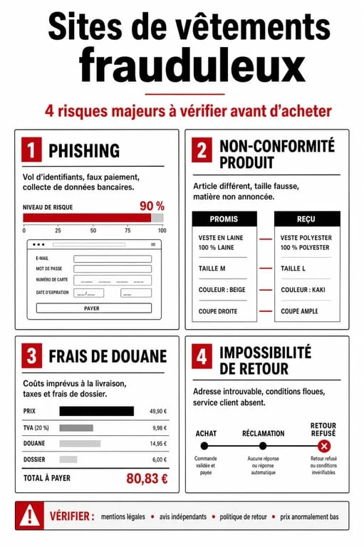 Infographie des risques liés aux sites de vêtements à éviter et arnaques en ligne