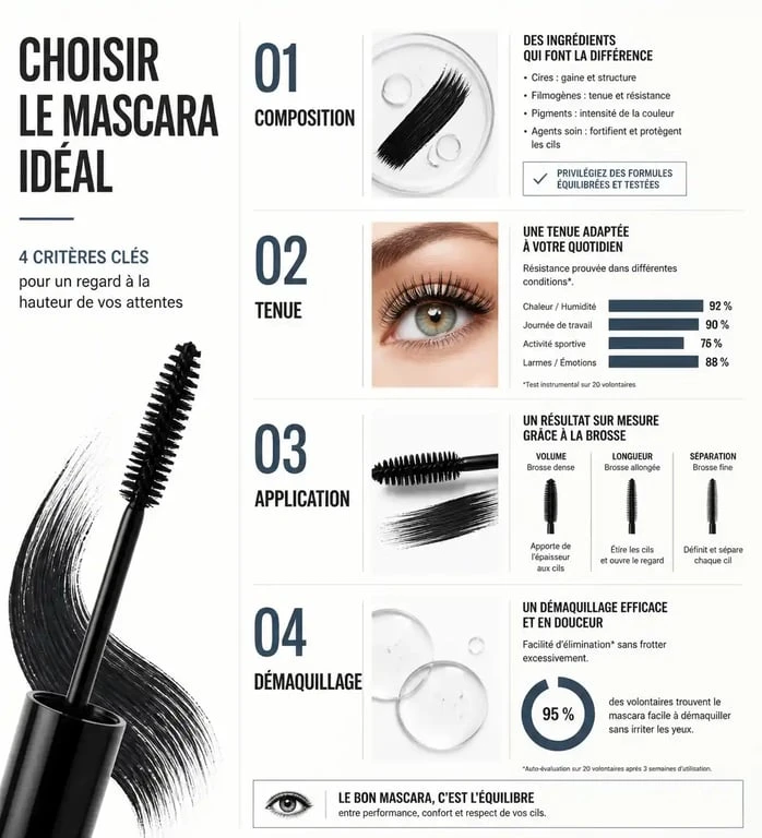 Infographie des critères de sélection pour le meilleur mascara selon 60 Millions de consommateurs