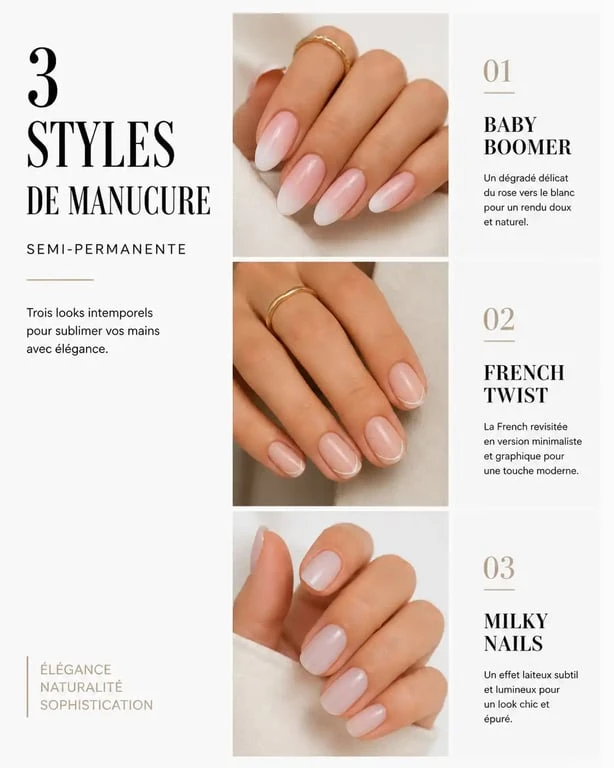 Modèles de vernis semi-permanent : Baby Boomer, French Twist et Milky Nails pour différentes formes d'ongles
