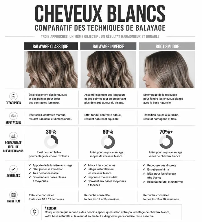 Infographie comparative des techniques de balayage sur cheveux blancs pour choisir la meilleure option selon le pourcentage de cheveux gris