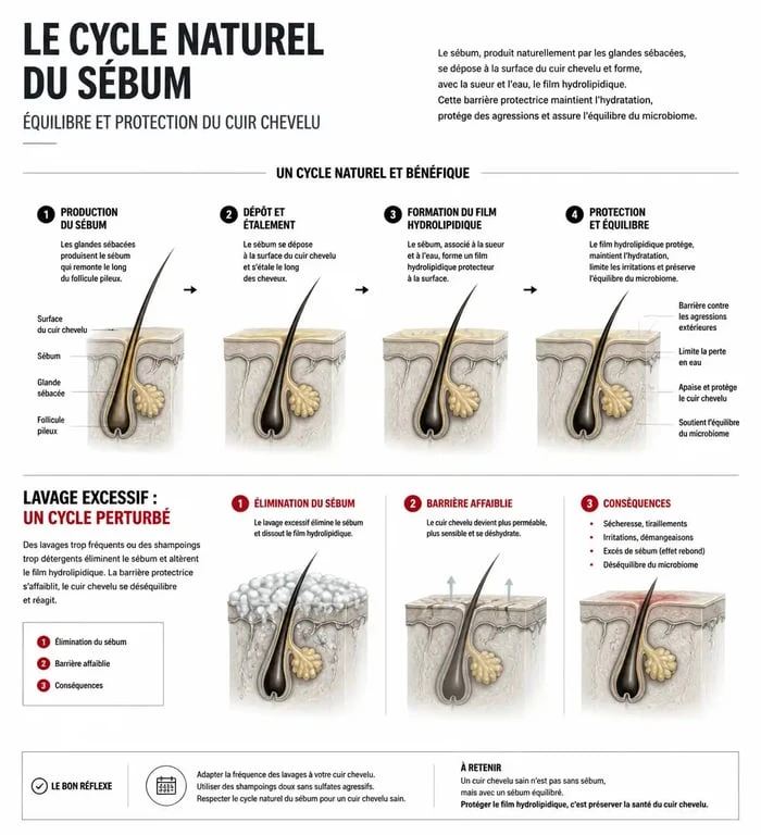Infographie sur le cycle du sébum et l'impact du lavage quotidien sur la santé capillaire