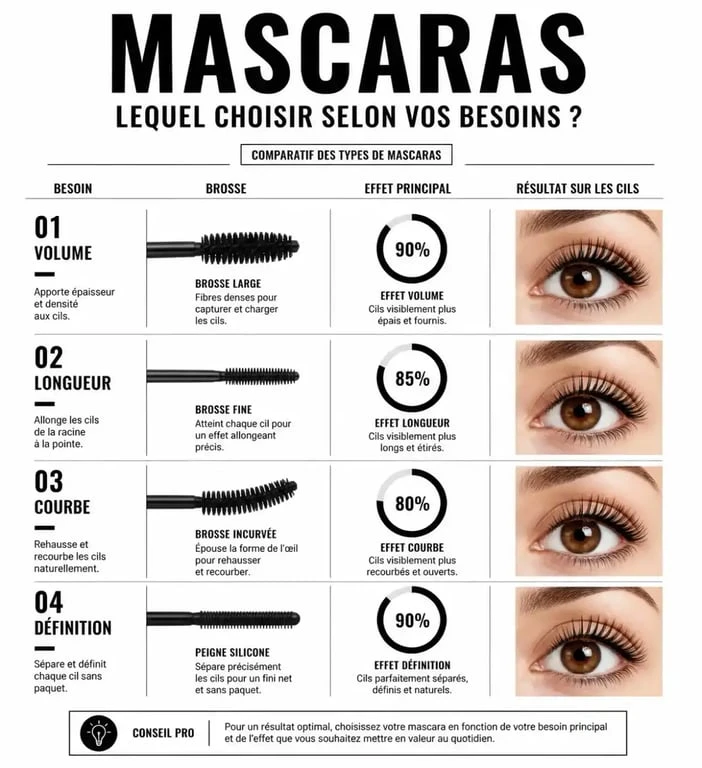 Infographie comparative des types de brosses pour choisir le meilleur mascara selon ses cils