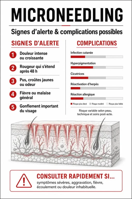 Tableau récapitulatif des risques et complications du microneedling pour éviter les avis négatifs