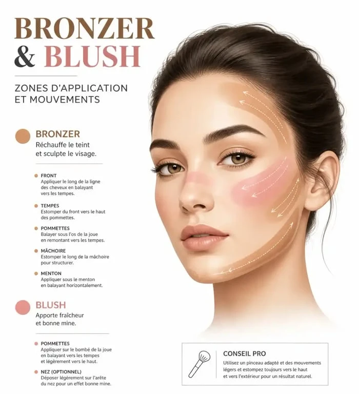 Schéma des zones d'application pour appliquer bronzer et blush selon la morphologie du visage