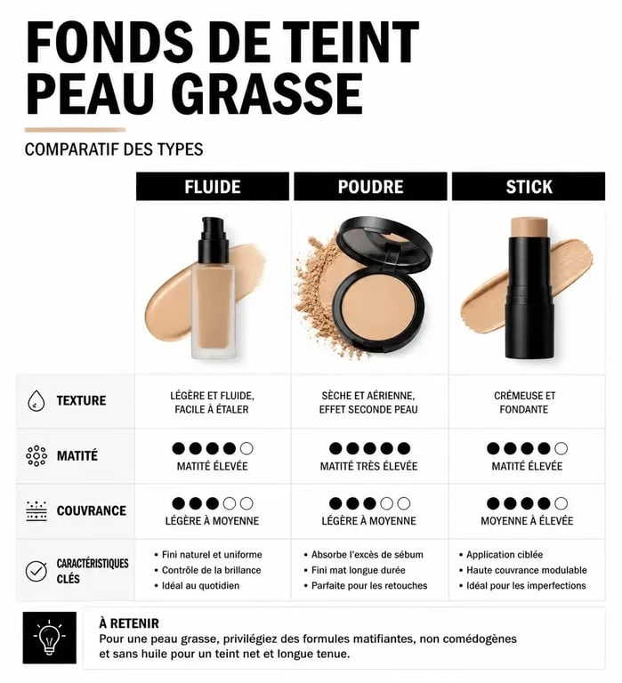 Infographie comparative des meilleurs fonds de teint pour peau grasse