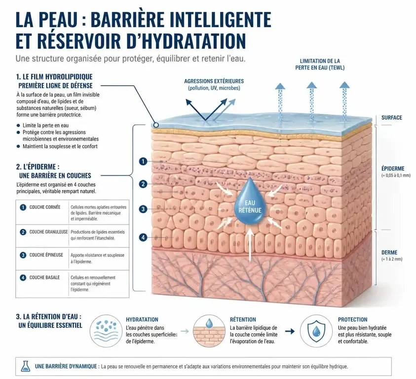 Schéma explicatif du film hydrolipidique et de l'hydratation de la peau pour comprendre comment hydrater sa peau efficacement.