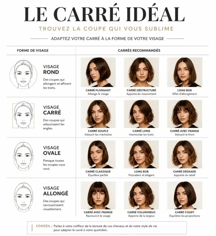 Infographie des tendances coupe carré femme selon la forme du visage
