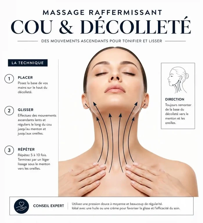 Schéma illustrant la technique de massage pour appliquer la meilleure crème raffermissante pour le cou par des mouvements ascendants.