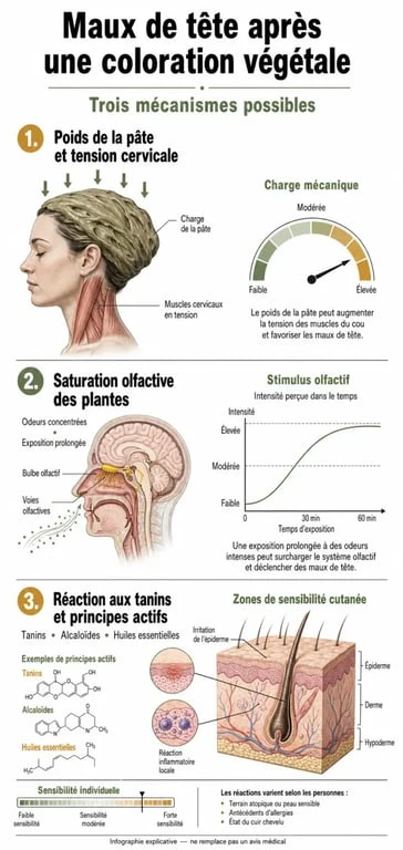 Infographie expliquant les causes des maux de tête après une coloration végétale