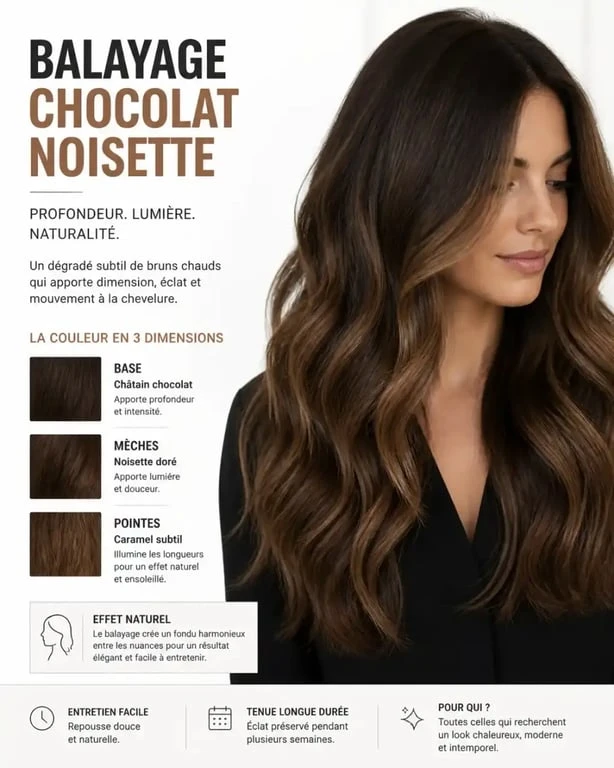 Résultat d'un balayage chocolat noisette sur cheveux bruns