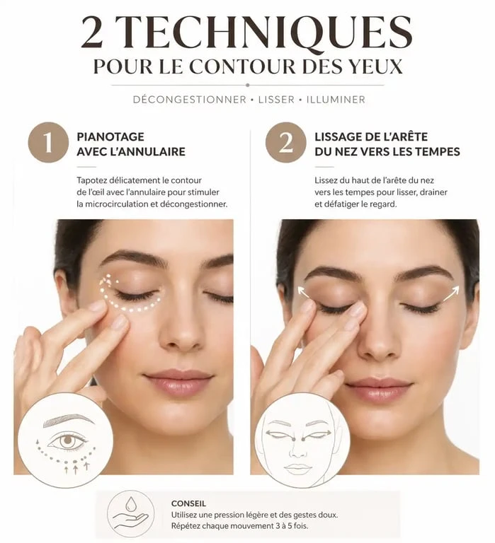 Infographie des techniques de massage naturel pour cacher ses cernes sans maquillage