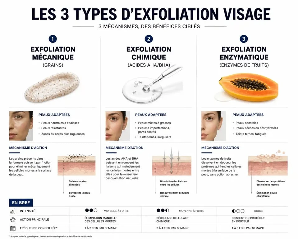 Infographie comparative des types de gommage visage : mécanique, chimique et enzymatique pour choisir le meilleur gommage visage selon son type de peau.