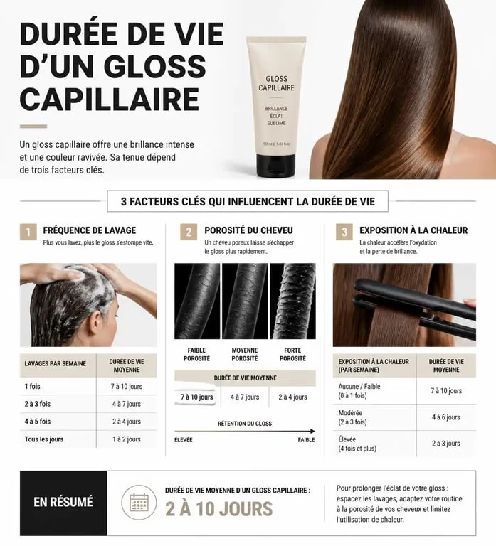 Infographie expliquant les facteurs influençant la durée d'un gloss cheveux : fréquence de lavage, porosité et chaleur.