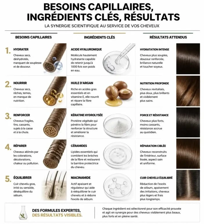 Infographie récapitulative pour choisir le meilleur shampoing selon son type de cheveux et ses besoins capillaires.