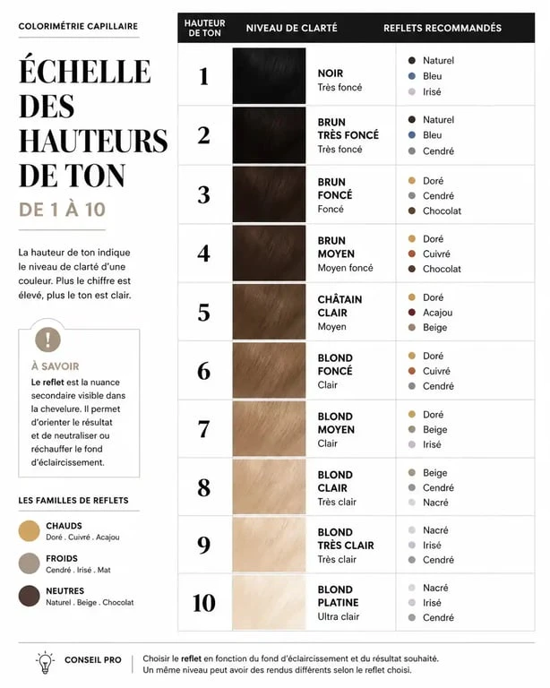 Tableau récapitulatif des hauteurs de ton et reflets pour choisir sa couleur de cheveux