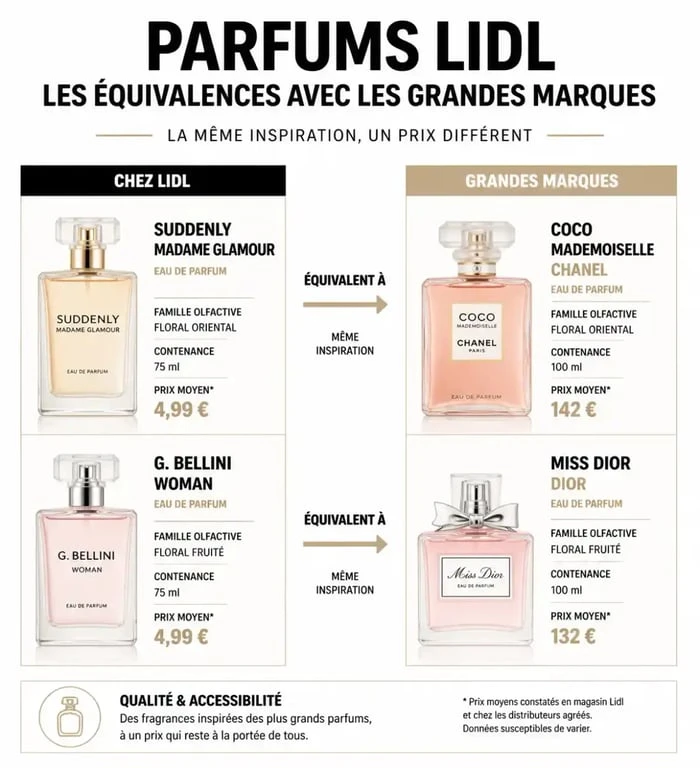 Infographie comparative des parfums Lidl et leurs équivalences avec les grandes marques de luxe