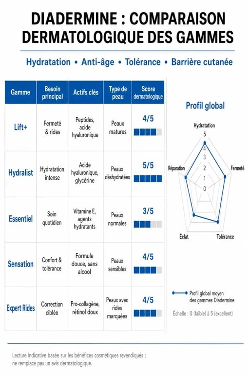 Infographie comparative des gammes Diadermine selon l'avis dermatologue pour choisir son soin adapté
