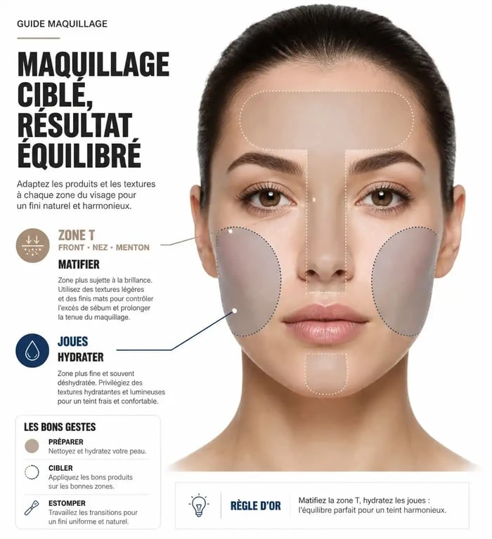 Infographie illustrant l'application du fond de teint sur peau mixte : zone T et joues