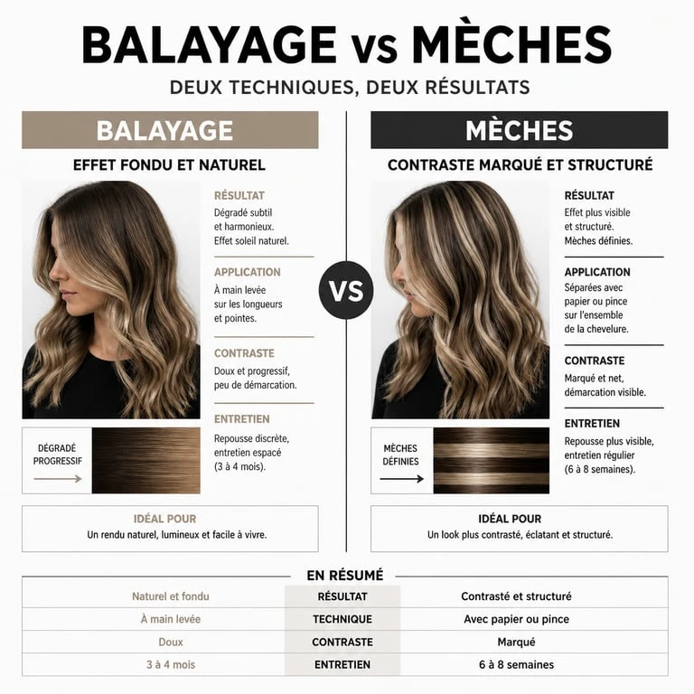 Infographie comparative : différence entre balayage et mèches pour choisir sa coloration
