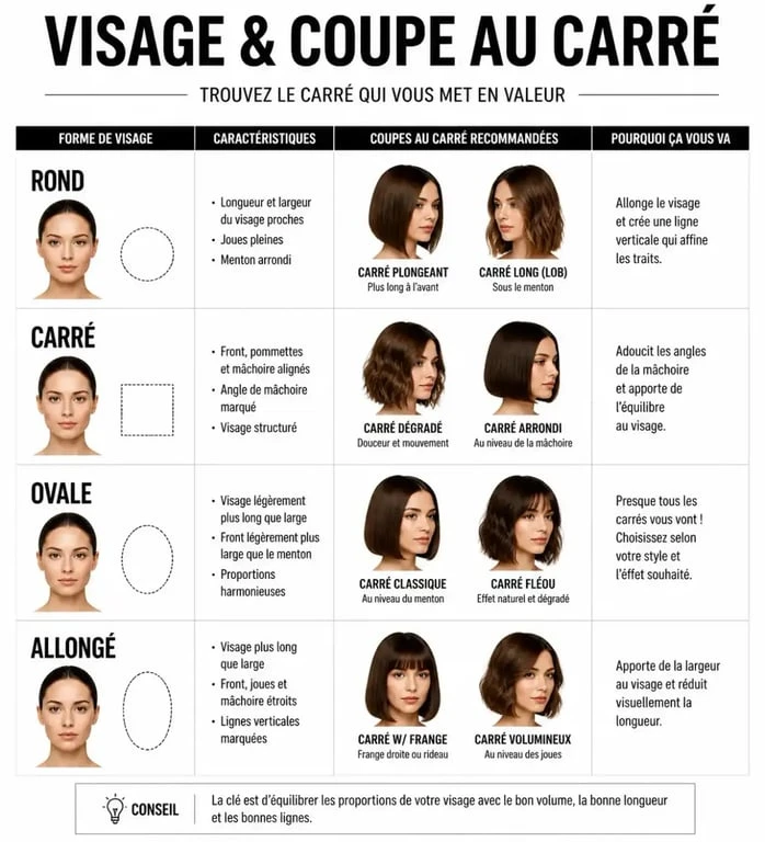 Infographie des conseils de coiffure pour choisir son carré femme selon la forme du visage