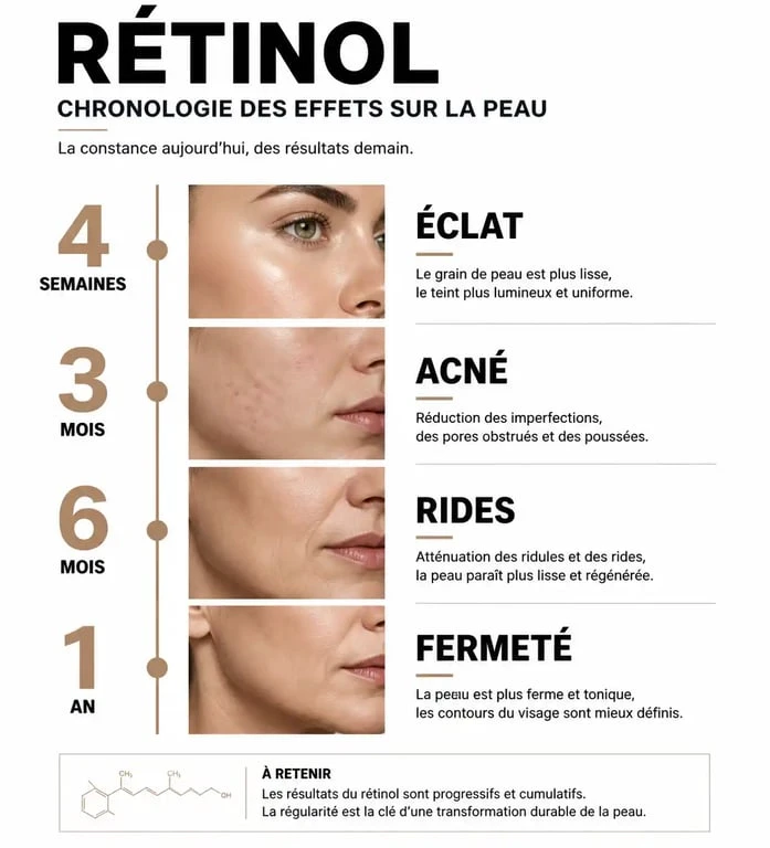 Infographie montrant le délai d'apparition des effets du rétinol sur la peau, de l'éclat aux rides.