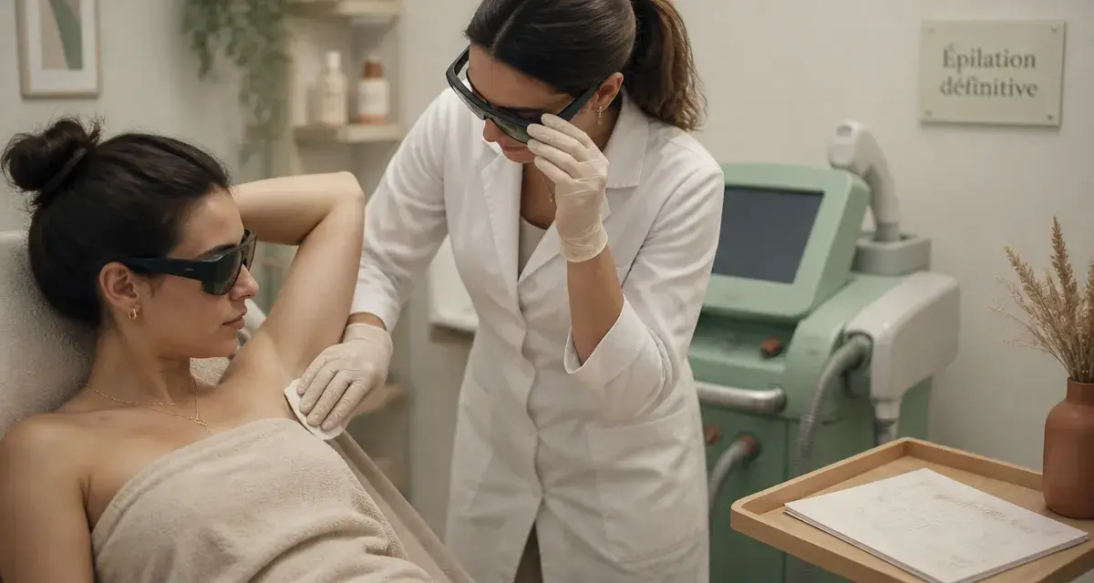 Épilation définitive : cliente préparée en cabinet avant la séance laser