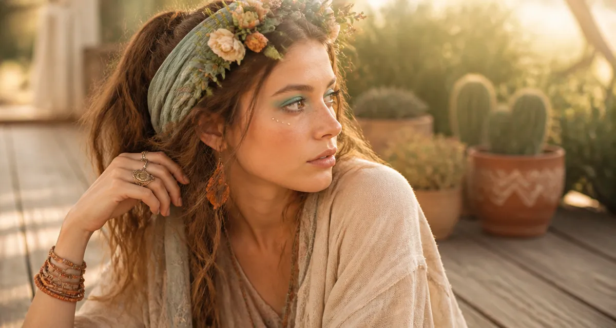 maquillage hippie femme couronne fleurs golden hour