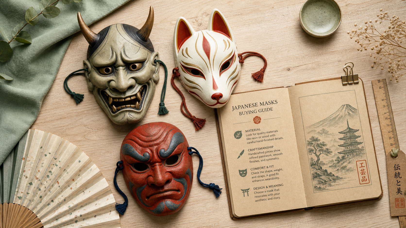 Masque japonais artisanaux : Hannya, Kitsune, Oni sur table