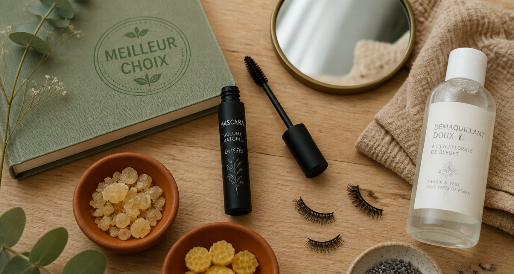 meilleur mascara 60 millions de consommateur sur table en bois avec accessoires