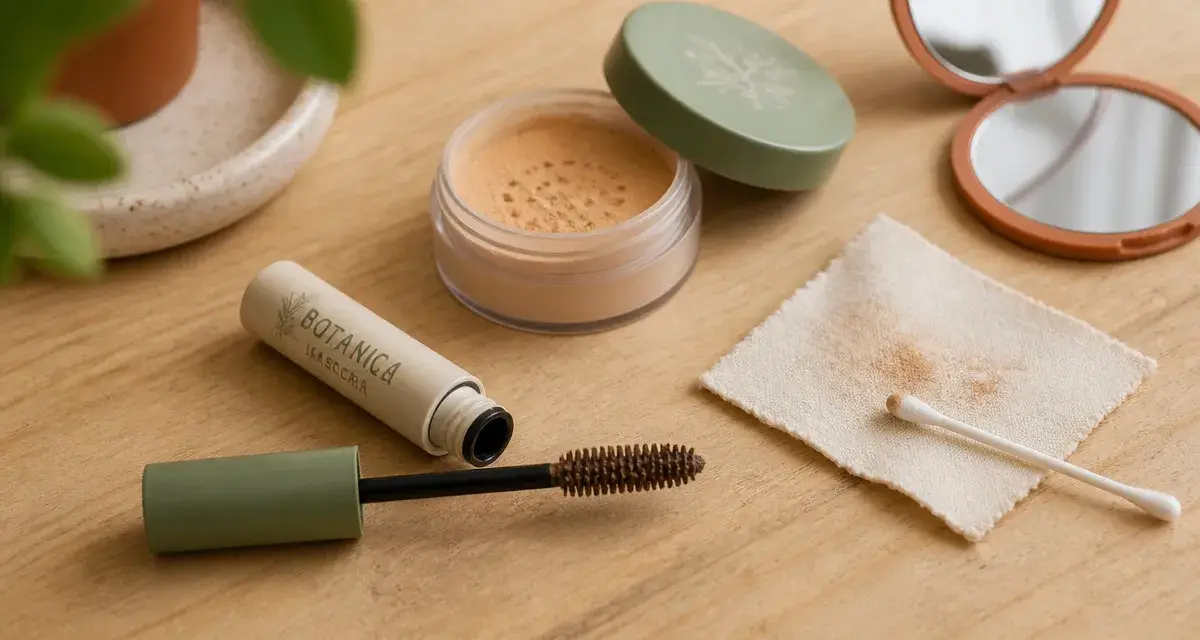 Meilleur mascara : brosse et formule, vue de dessus sur table en bois