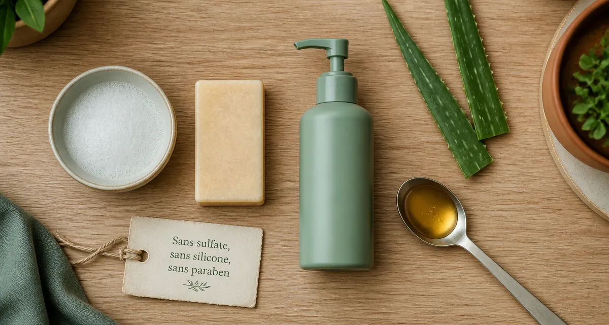 Meilleur shampoing sans sulfate sans silicone sans paraben, vue produit sur table bois