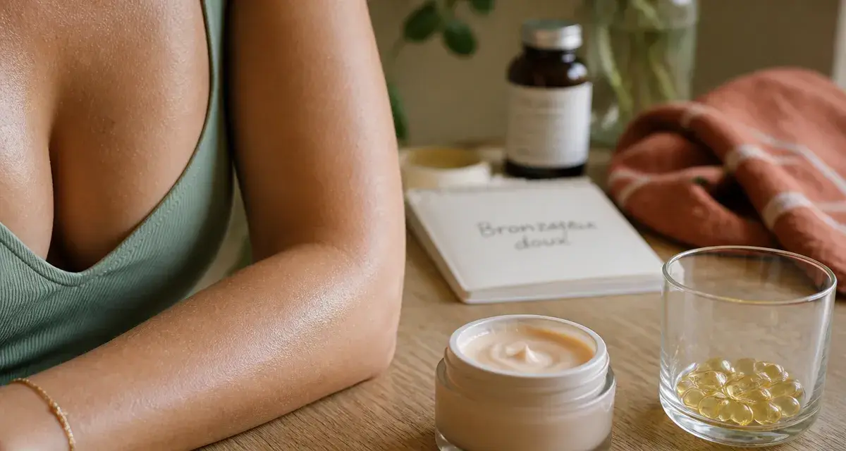 Oenobiol autobronzant avis dermatologue : crème beige et gélules sur comptoir