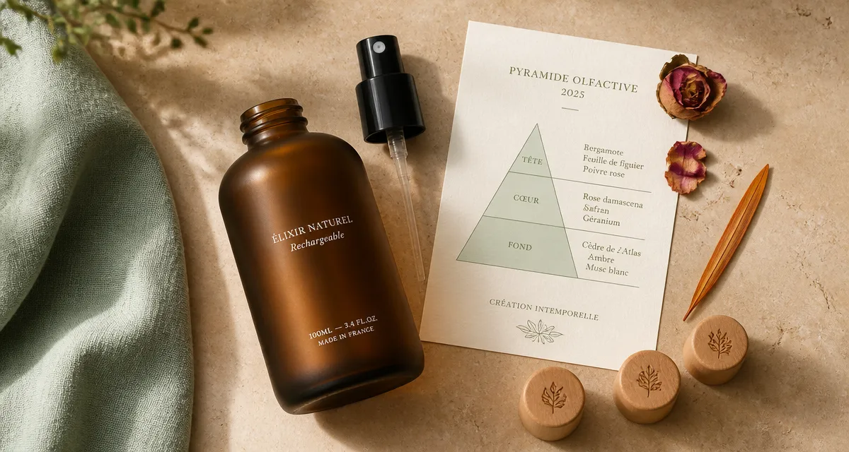 Parfum femme 2025 : flacon et pyramide olfactive sur table beige