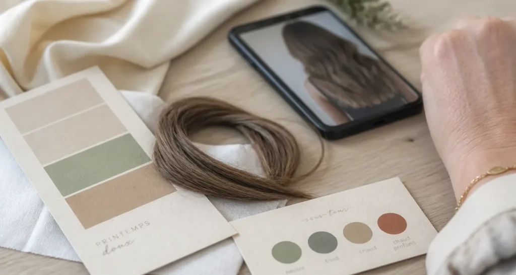 Quelle couleur de cheveux : mèche châtain cendré et test de sous-tons