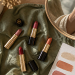 quelle couleur de rouge à lèvres pour peau claire, flat lay rouges à lèvres et palette