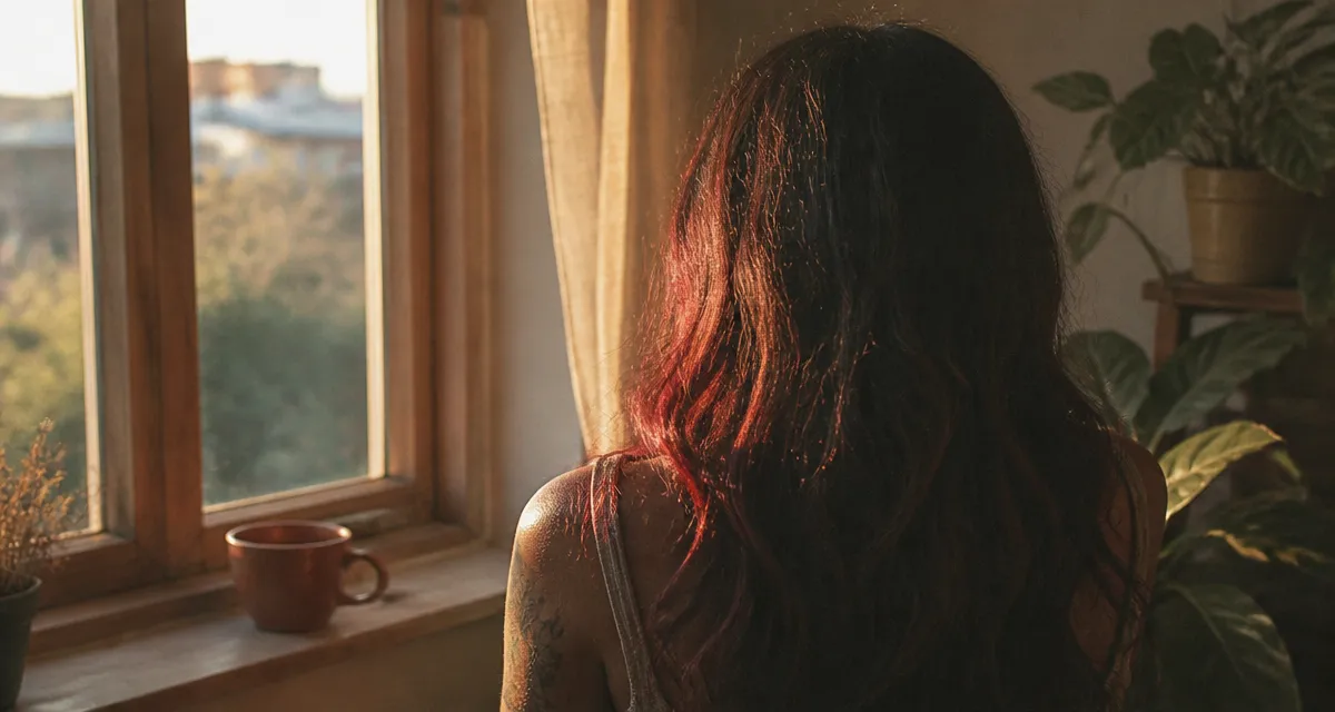 reflet rouge sur cheveux noir sous soleil couchant