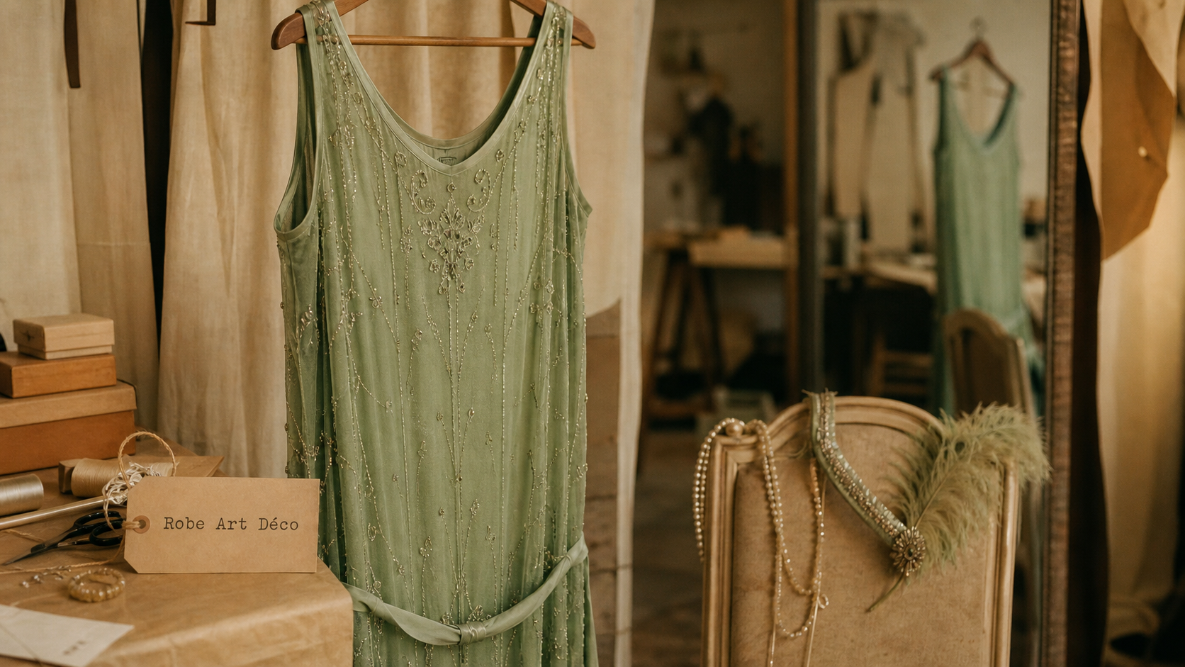 Robe année 20 Gatsby, coupe droite vert sauge et perles