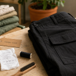 Cargo noir plié : poches et coutures, coupe regular/loose/jogger