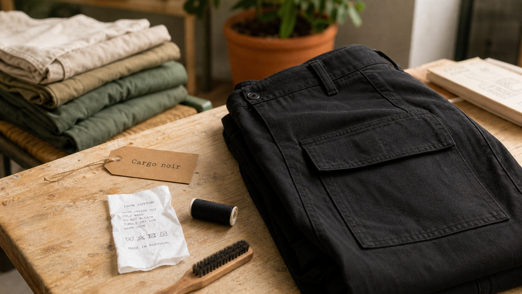 Cargo noir plié : poches et coutures, coupe regular/loose/jogger