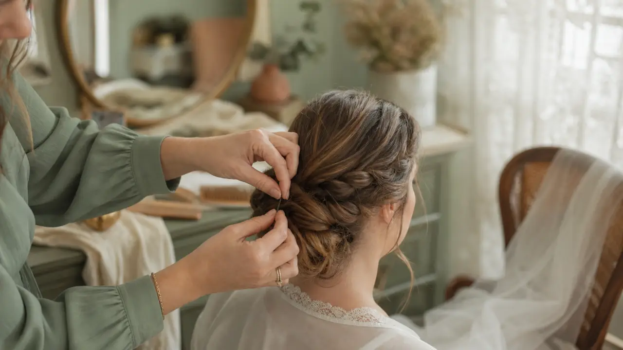 Chignon bas mariage de mariée, épingles invisibles et voile