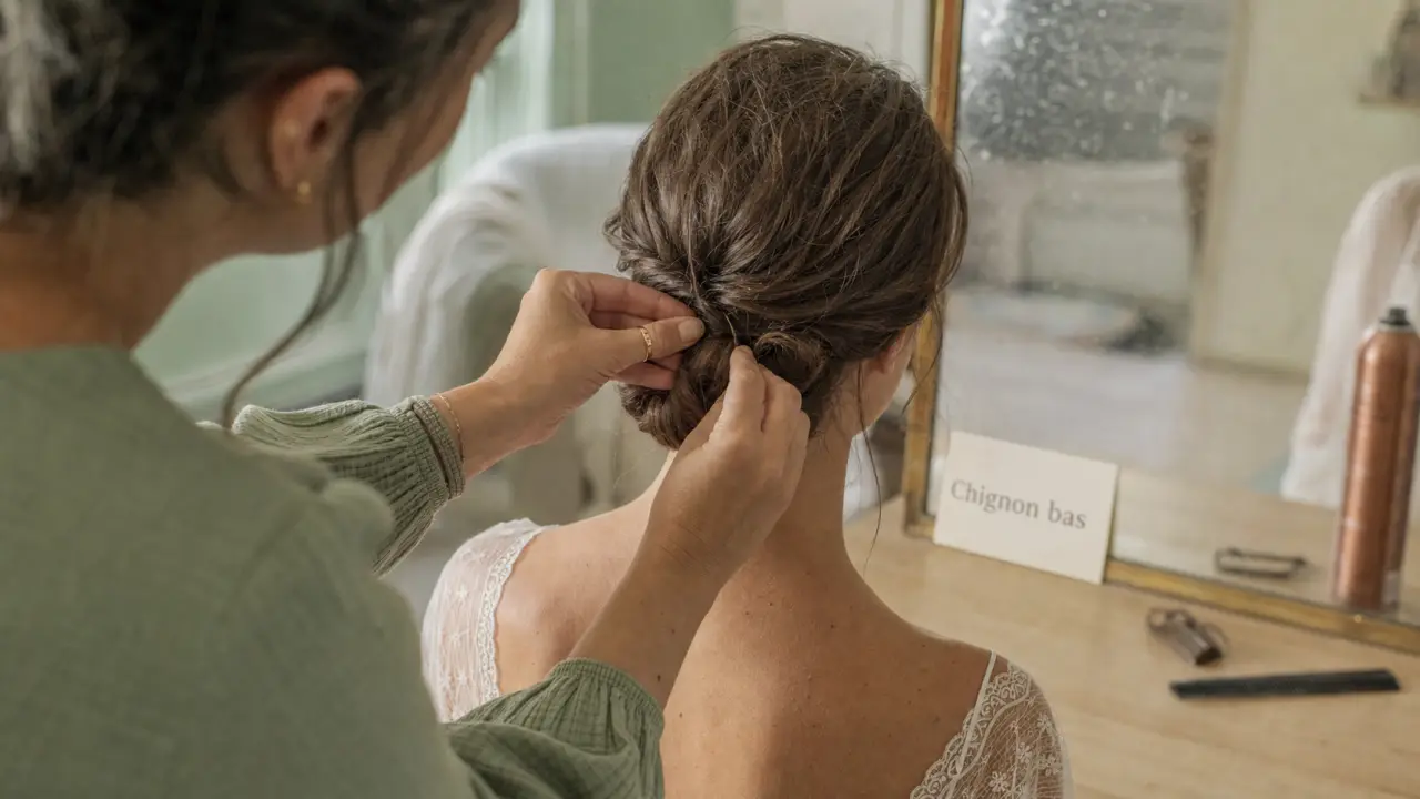 Chignon bas mariage, épingles invisibles pour tenir toute la journée