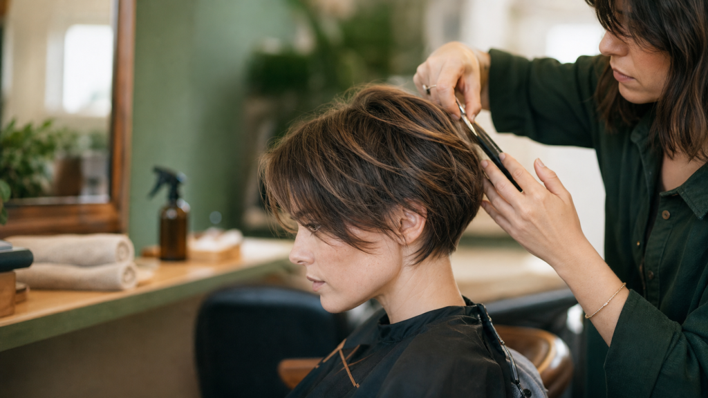 Coupe courte cheveux fins et clairsemés : pixie souple volumisant au salon