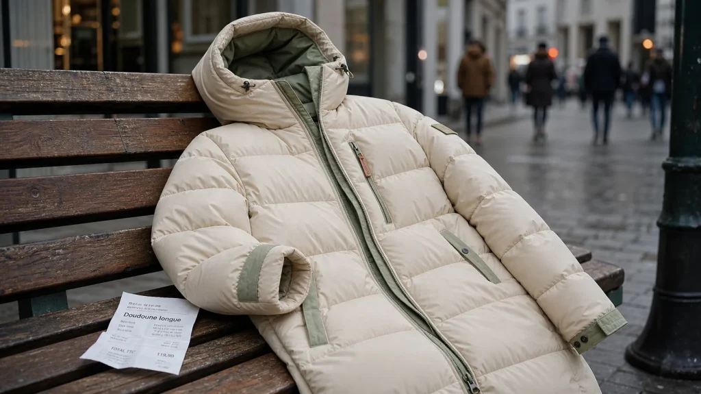Doudoune longue beige aux genoux, capuche et matelassage