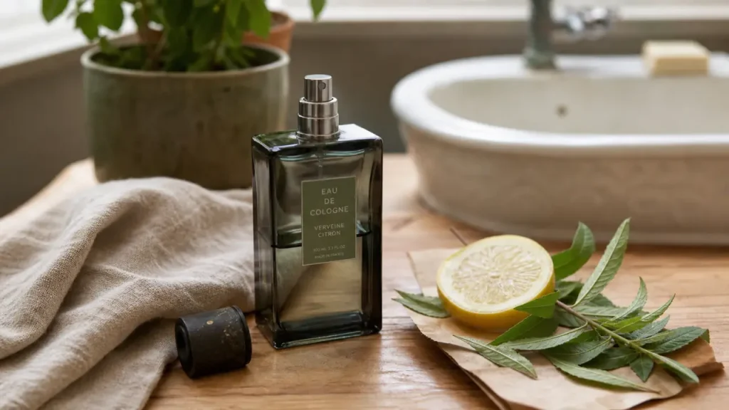 Eau de cologne bien être, fraîcheur et détente sur table avec citron et verveine.